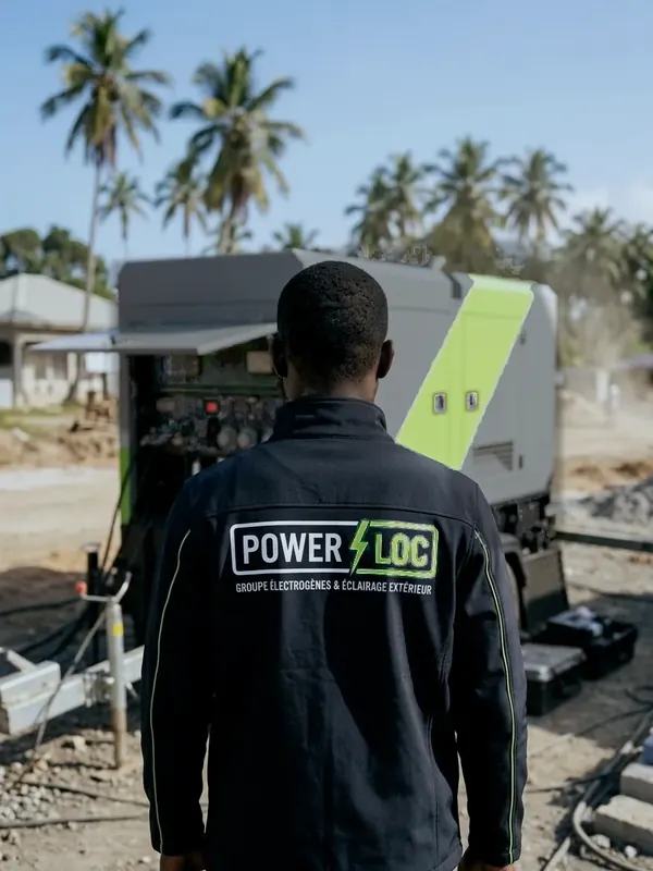 Technicien POWERLOC devant un groupe électrogène