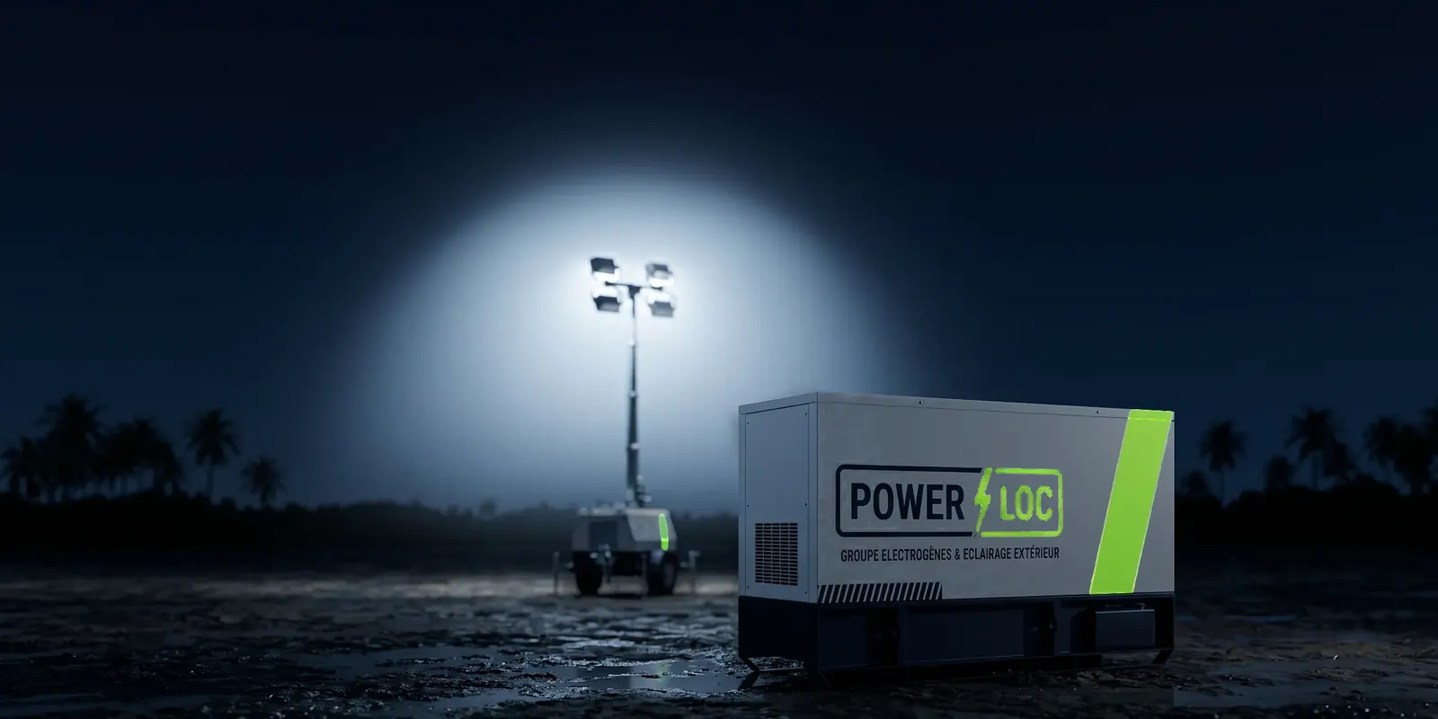 Un groupe électrogène POWERLOC, de nuit, devant une tour d’éclairage allumée